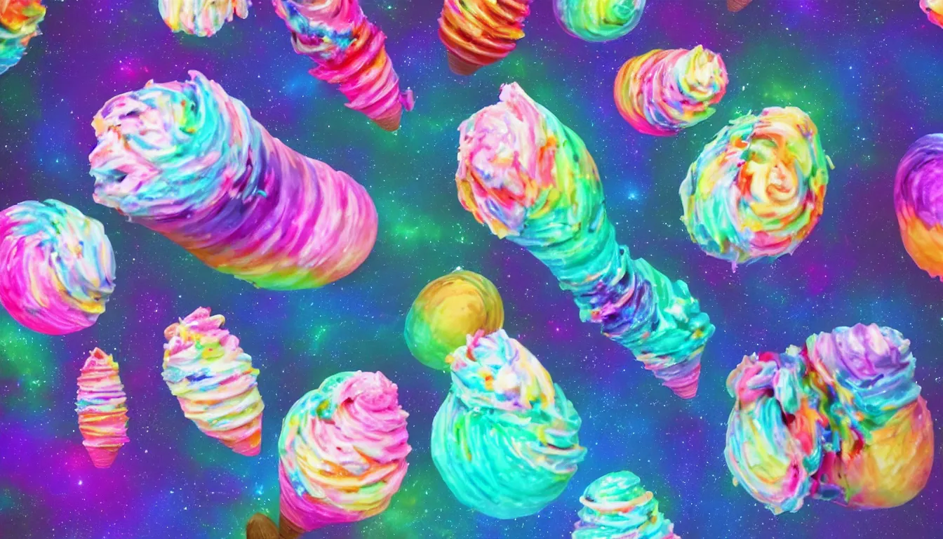 Prompt: beautiful ice cream cone cupcakes with cosmic colors in a beautiful cosmic dreamscape, digital art, concept art, detailed, lovely colors, art station 3 d, 4 k beautiful