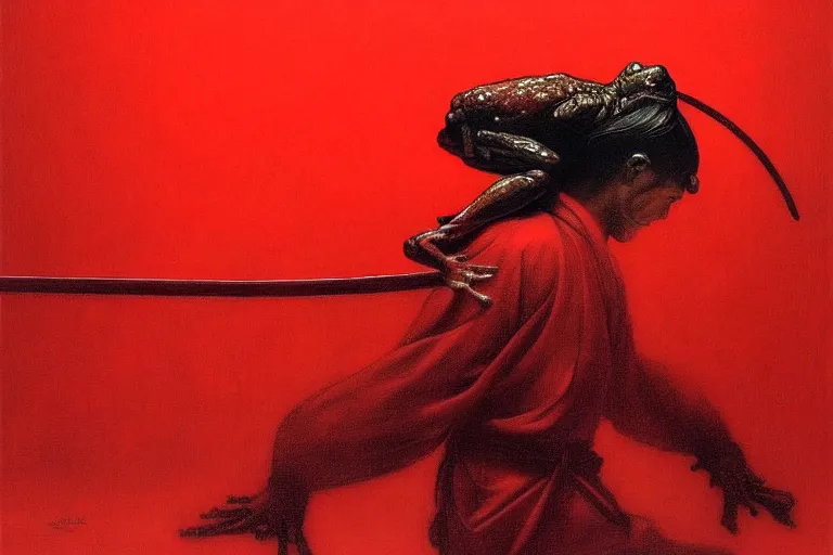 Image similar to only with red, a red samurai harakiri, tokio, a lot of frogs watch, in the style of beksinski, parts by edward hopper, parts by rodcenko, parts by yue minjun, intricate and epic composition, red by caravaggio, insanely quality, highly detailed, masterpiece, red light, artstation, 4 k