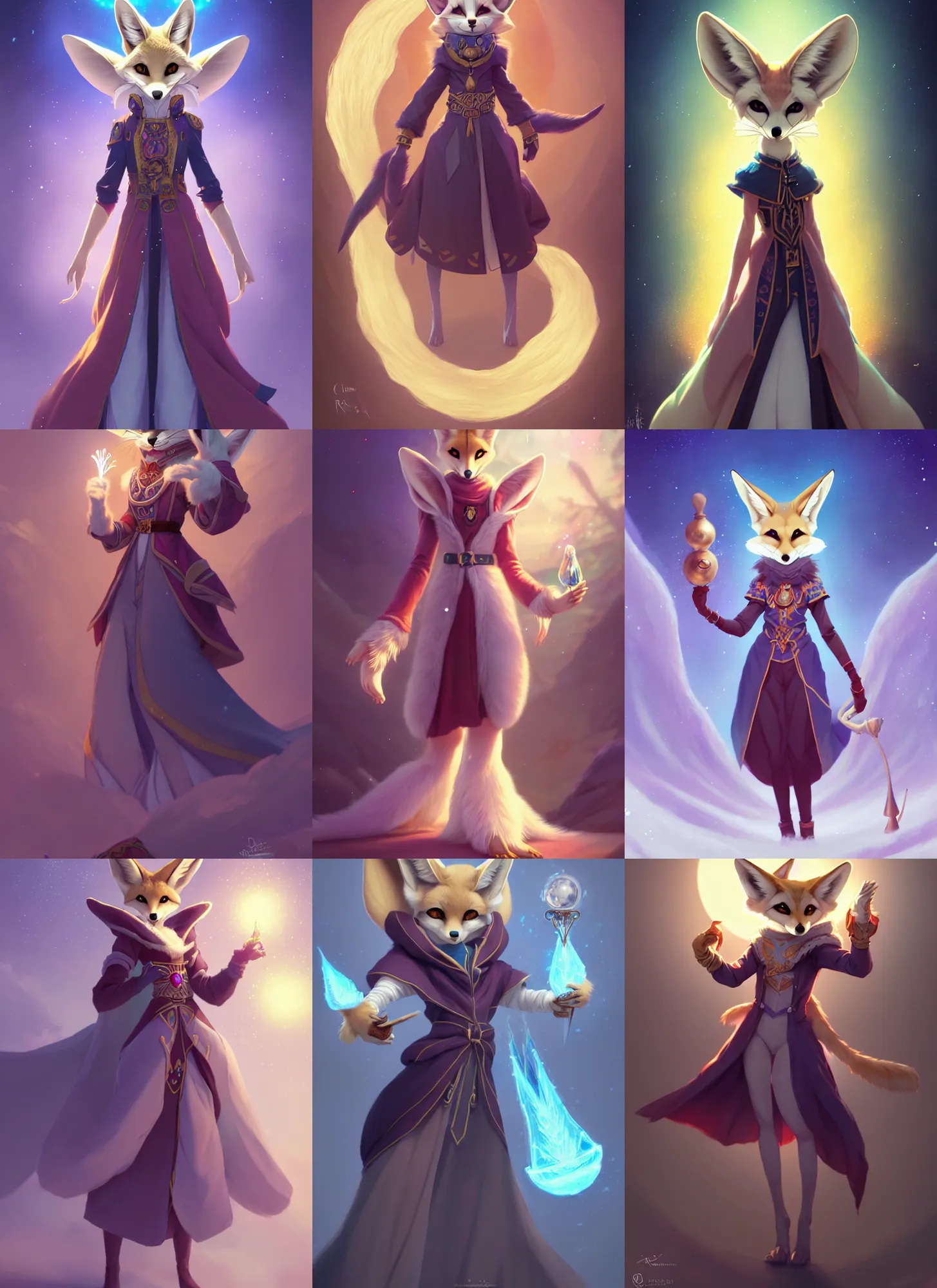 Prompt: wide angle beautiful full body portrait of a strong female anthropomorphic anthro fennec fursona wearing ornate wizard robes and casting a ice spell. character design by disney, anime, manga, charlie bowater, ross tran, artgerm, and makoto shinkai, detailed, soft lighting, rendered in octane