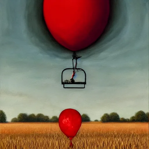 Prompt: grunge painting of cornfield with a red balloon by chris leib, horror theme, detailed, elegant, intricate, conceptual, volumetric light