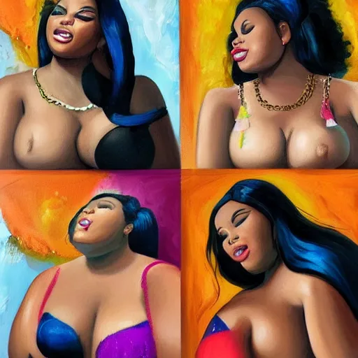 Prompt: stunning, coherent, beautiful painting, still of a group of black bbw models taking a picture of each other posing in the same bed , they are all laying down, one of them is on the phone with her boyfriend , 3d, in the style of pixar, smooth, 3d, highly detailed, highly detailed, sharp focus, bokeh, depth of field, 16k resolution, Unreal Engine 5, coherent, cinematic lighting, photorealistic