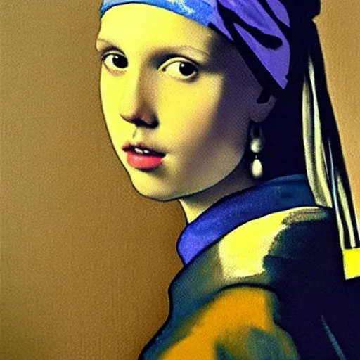 Image similar to Millie Bobby Brown with the pearl earring by Johannes Vermeer