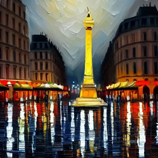 Image similar to Public square in Paris, it is night and raining, oil painting , highly detailed , high contrast, beautiful lighting, award winning , trending on art station, photorealistic, 8k