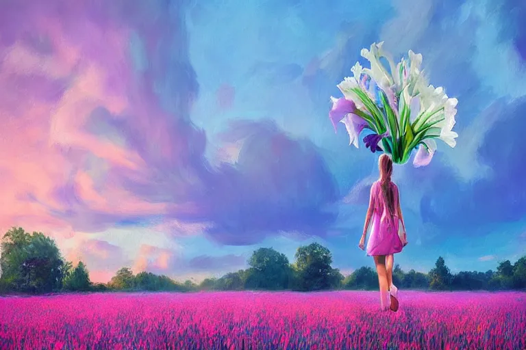 Image similar to giant gladiola head, girl walking in field of flowers, surreal photography, sunrise, blue sky, dramatic light, impressionist painting, digital painting, artstation, simon stalenhag