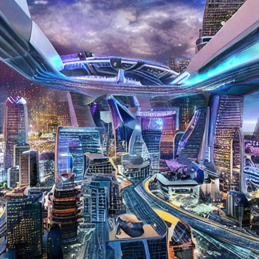 Prompt: futuristic city where the Baltimore Ravens rule the world