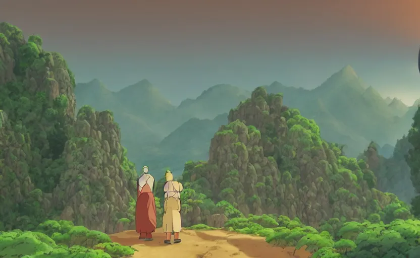 Prompt: a cell shaded movie still from a studio ghibli cartoon showing a highly detailed landscape with a giant living buddha statue marching through a valley in the desert. misty, depth perception, 4 k