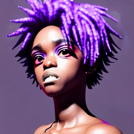 Image similar to portrait of black anime manga girl, boxer punch pose, french bob hair, white hair, wearing camo, purple eyes, by gustave dore, vaporwave colors, lofi colors, vaporwave, lofi, goth vibe, 4 k, smooth, hd, substance designer render, full body character concept art, symmetrical, 2 point lighting,