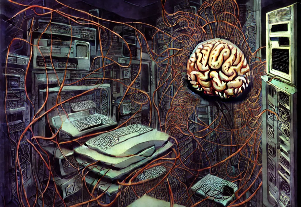 Prompt: realistic detailed photo rendered in octane 3d , of a big human brain connected with wires and cords to an old PC computers from 90s in a server room by Laurie Lipton, Francis Bacon , by H.R. Giger, by Ayami Kojima, Amano, Karol Bak, Greg Hildebrandt, and Mark Brooks , rich deep colors. Beksinski painting, art by Takato Yamamoto. masterpiece. rendered in blender, ultra realistic, smooth shading, ultra detailed, high resolution, cinematic, unreal 6