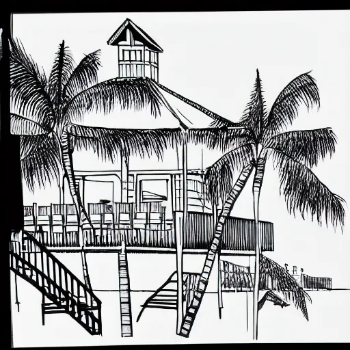 Image similar to imaginative drawing of a beach house, black ink outline, cel - shading