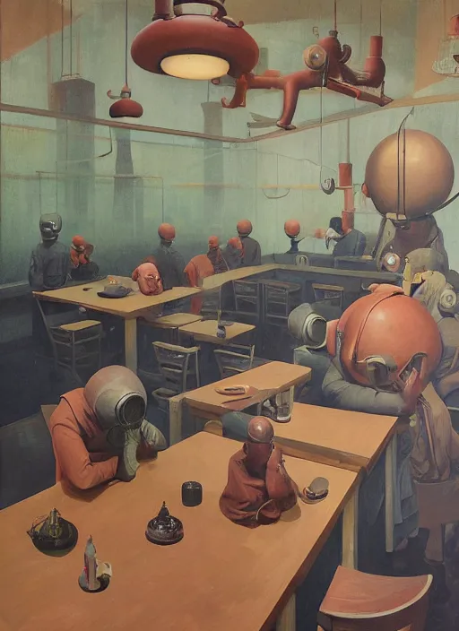 Image similar to spherical people gas masks at flooded restaurant Edward Hopper and James Gilleard, Zdzislaw Beksinski, open ceiling, highly detailed, painted by Francis Bacon, painted by James Gilleard, surrealism, airbrush, Ilya Kuvshinov, WLOP, Stanley Artgerm, very coherent, art by Takato Yamamoto and James Jean