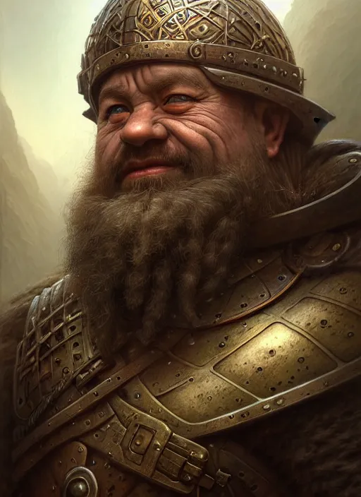 Image similar to closeup portrait shot of a dwarf warrior in a scenic dystopian environment, intricate, elegant, highly detailed, centered, digital painting, artstation, backlit, concept art, smooth, sharp focus, illustration, artgerm, tomasz alen kopera, peter mohrbacher, donato giancola, joseph christian leyendecker, wlop, boris vallejo