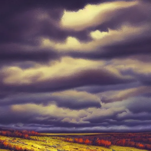 Prompt: sunny day, underlying sense of dread, stormy clouds on the horizon, warm saturated palette, dreary atmosphere, moody, vivid, striking, dramatic, high contrast, masterpiece landscape painting alternative art