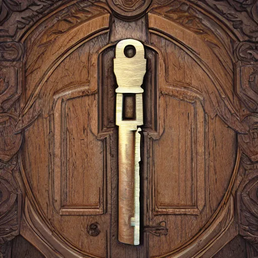 Image similar to a highly detailed key for the doors item, key is on the center of image, key has metal and wooden elements, point and click game inventory item, very detailed, dynamic lights, on the solid color background, high poly vray render, stylised textures, trending on artstation