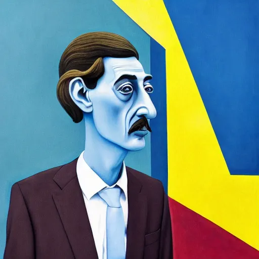 Image similar to ultra realistic portrait ofa man in suit in a studio, ultra detailed, under blue, red and yellow cinematic lighting, salvador dali, cartoon, monument valley, escher