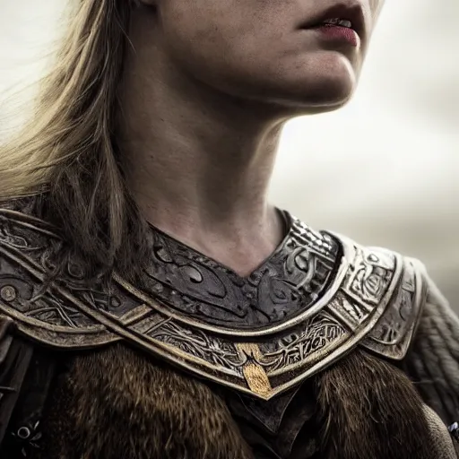 Prompt: Ultrawide realistic photo of a majestic viking woman, unbothered, mind-blowing details, hyperrealism, highly detailed face, ethereal, sadness, luxury, ominous, highly detailed, viking attire, cinematic, 16k, 1080s, smooth, sharp focus, by Stanley Artgermm, WLOP, trending on DeviantArt, trending on ArtStation, digital art, Smooth gradients, depth of field, shot on Canon Camera