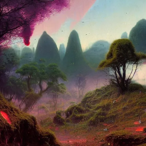 Image similar to A lovely picture of an alien landscape with mycelium aliens by John Berkey, by George Inness, by john Harris, forest made out of mushroom, purple and red and white gradient colour theme, trending on DeviantArt, rendered in blender, 8k resolution, Mountains, no green