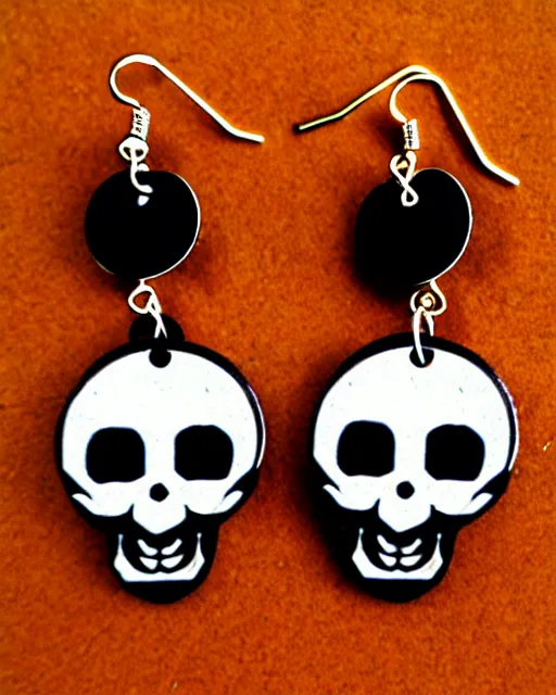 Image similar to spooky cartoon skull, 2 d lasercut earrings, in the style of tim burton