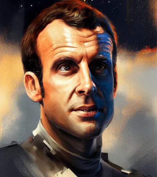 Image similar to painting of Emmanuel Macron in Star Wars, mechanical, trending on ArtStation, masterpiece, by Greg Rutkowski, Ross Tran, octane, soft render, oil on canvas