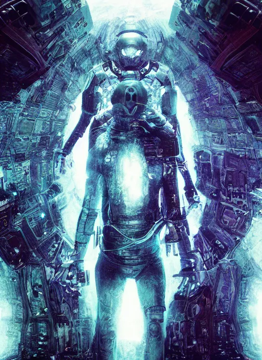 Image similar to astronauts in dark void underwater - complex and hyperdetailed technical suit. reflection and dispersion materials. rays and dispersion of light. volumetric light. f / 3 2. noise film photo. flash photography. ultra realistic, wide angle. poster by wayne barlowe, hajime sorayama aaron horkey, craig mullins