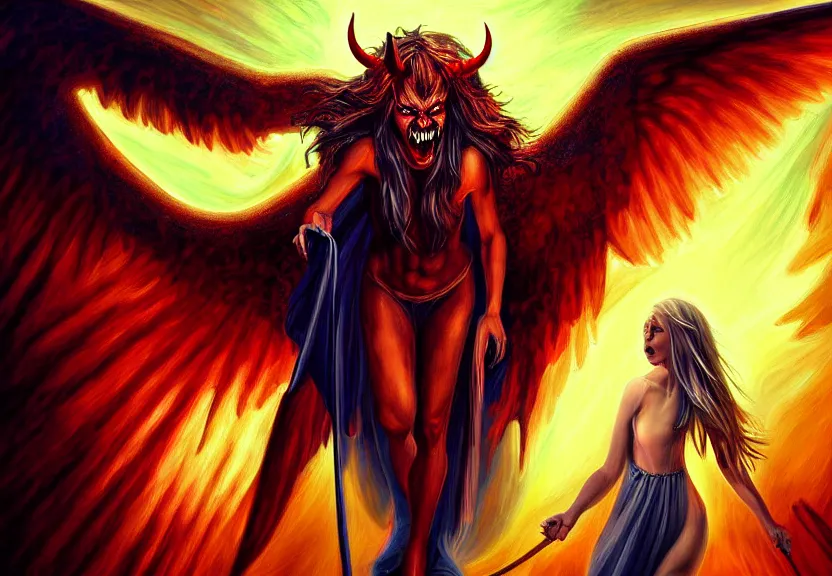 Prompt: demon afraid of an angel painting, good vs evil, highly detailed, digital painting, smooth, sharp focus, illstration, ultra realistic, dmon vs angle, heaven vs hell, 8 k, screaming demon, confident angle