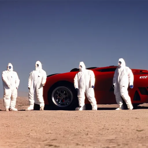 Prompt: a group of men wearing hazmat suits, standing in front of saleen s7, in desert, arriflex 35, film still, cinematic composition