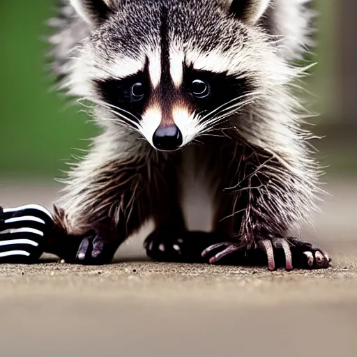 Prompt: a cute baby raccoon playing with a white sneaker shoe, strings undone, highly detailed, award winning, national geographic wildlife photo, bokeh, 5 0 mm f 1. 4, soft lighting