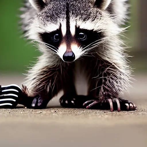 Image similar to a cute baby raccoon playing with a white sneaker shoe, strings undone, highly detailed, award winning, national geographic wildlife photo, bokeh, 5 0 mm f 1. 4, soft lighting