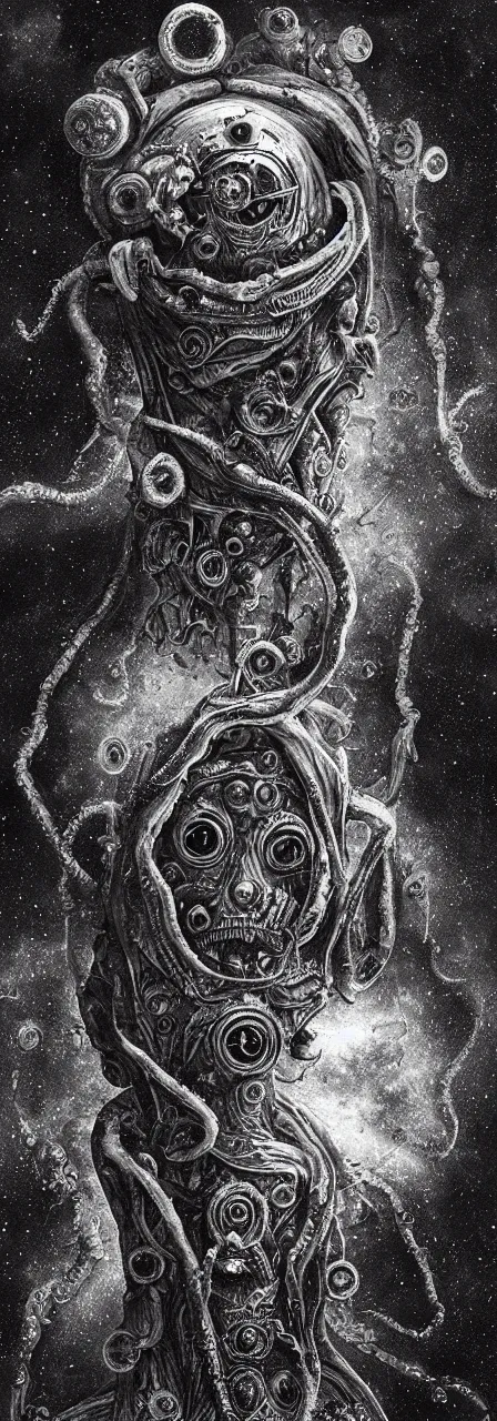 Image similar to 3D Lovecraftian and Astronaut pareidolia, cosmic horror concept, discovery concept, engineered by H.R. Giger, painter by gustave doré