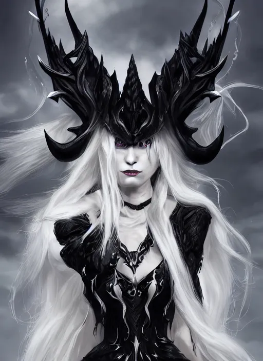 Image similar to a highly detailed illustration of fierce beautiful long white haired horned demon woman wearing black battle dress, dramatic power pose, perfect face, perfect body, intricate, elegant, highly detailed, centered, digital painting, artstation, concept art, smooth, sharp focus, league of legends concept art, wlop.