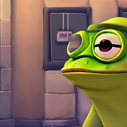 Image similar to Screenshot of Pepe the frog as an Overwatch hero
