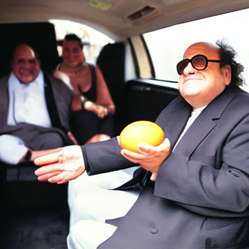 Image similar to danny devito offering you an egg in the backseat of a limo, high quality, high resolution