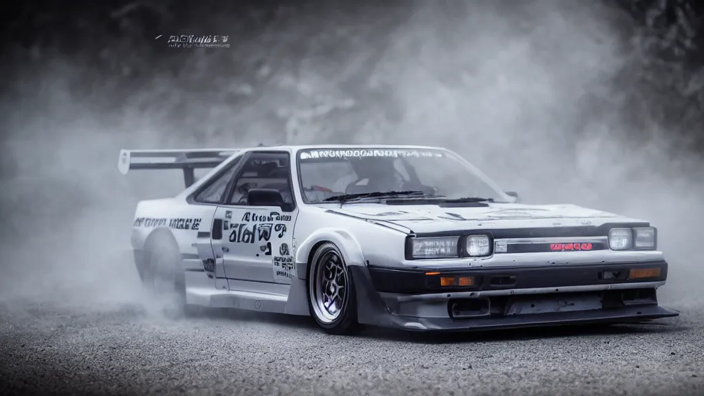 Image similar to realistic takumi fujiwara's toyota ae 8 6, cinematic, nikon d 7 5 0, long exposure, white balance, 8 k, led, lumen global illumination, fog, ray tracing reflections, fxaa, rtx, post - production