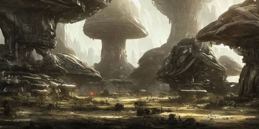 Image similar to small human colony settlement on an alien planet, sci fi, wide shot, style of Aleksi Briclot and Andreas Roch