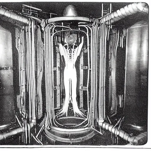 Image similar to old black and white photo, 1 9 1 3, depicting biomechanical aliens inside vats, historical record