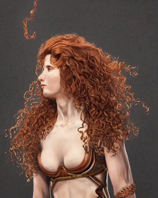 Image similar to Hyper realistic portrait of a strong female fighter with beautiful curly shiny copper hair and broad shoulders, she is from Troy and wears a golden armor, high contrast, artwork in the style of Alphones Mucha and Takumi Nagayasu and Dan Dos Santos, trending on artstation