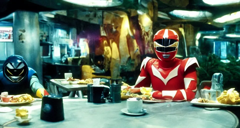 Prompt: Power Rangers film, a scene where A Power Ranger is eating only alone in a dark diner, he is tired and facing the table, Dark cinematic color tones.