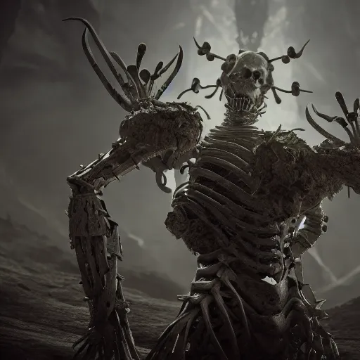 Image similar to vegetal skeletal botanical humanoid armored rune covered armor nanotechnology kryptonite protomolecule utility fog tendrils high contrast cinematic light, mystical shadows, sharp focus, divine realm of gods, octane render