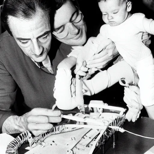 Prompt: a baby richard feynman with noodle hands designing the first atomic richard feynman