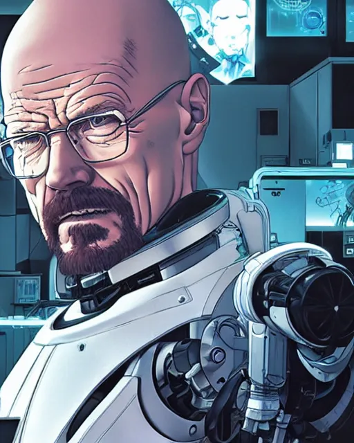 Image similar to portrait of walter white as a robot, cybernetic enhancements, art by makoto shinkai and alan bean, yukito kishiro