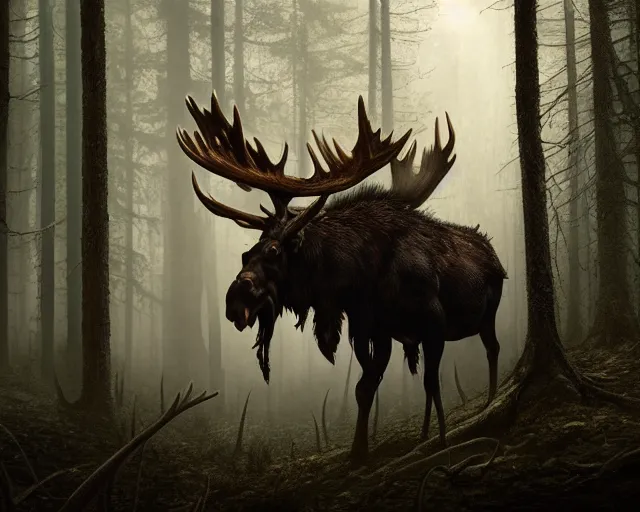 Image similar to 5 5 mm portrait photo of an armored demonic undead rotting moose with antlers, in a magical forest looking at the camera. dark atmosphere. art by greg rutkowski and luis royo. highly detailed 8 k. intricate. lifelike. soft light. nikon d 8 5 0.