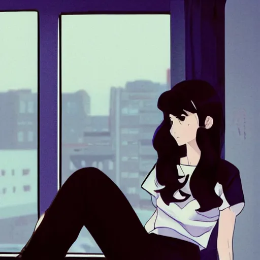 Image similar to portrait of a beautiful girl with dark hair that's styled in a 1940's fashion, dressed in a white t-shirt, sitting in an apartment kitchen alone by window that overlooks futuristic city, nighttime, low-key neon lighting, 4k, HQ, official media, anime key visual, makoto shinkai, ilya kuvshinov, lois van baarle, rossdraws, detailed, trending on artstation