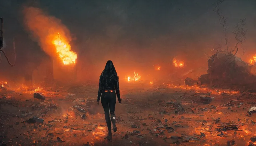 Image similar to woman with black hair and leather jacket walking away from explosion, lovecraftian hellscape, golden tenticles, soldiers and mech fight, simon stalenhag, 4 k, ultra detailed, explosions and smoke