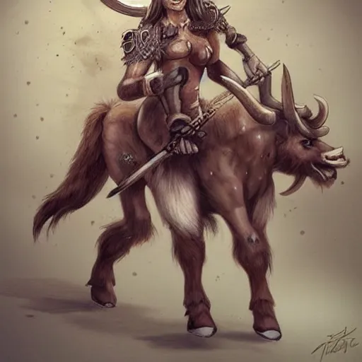 Image similar to cute drawing, female Minotaur warrior, brown fur with white spots, family friendly, armored, concept art
