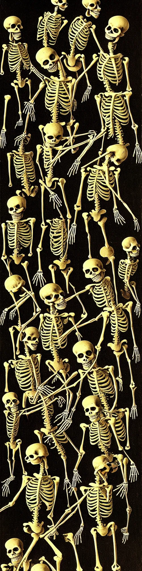 Image similar to skeletons dancing, hieronymus bosch, victor moscoso