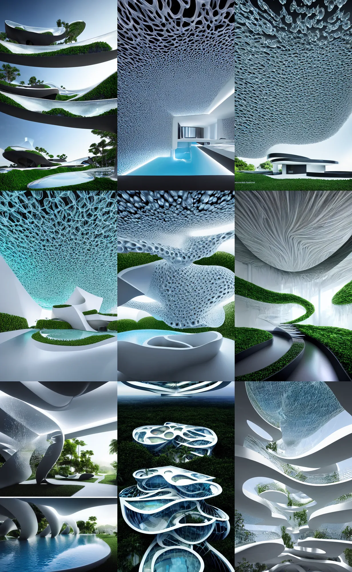 Image similar to villa parametric architecture fluid design, vincent callebaut well - defined style, ultra detailed, monochromatic, natural lighting, volumetric lighting, generative art nebula, cinematic, photo realistic, hyper real, surreal design, flow everywhere, walls made of crystal clear water, droplets on the walls, black metal, magnesium, 8 k,