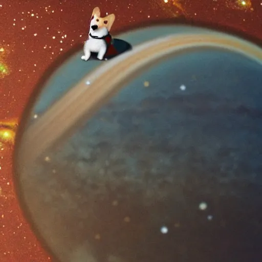 Image similar to A corgi riding bicycle on the ring of Jupiter