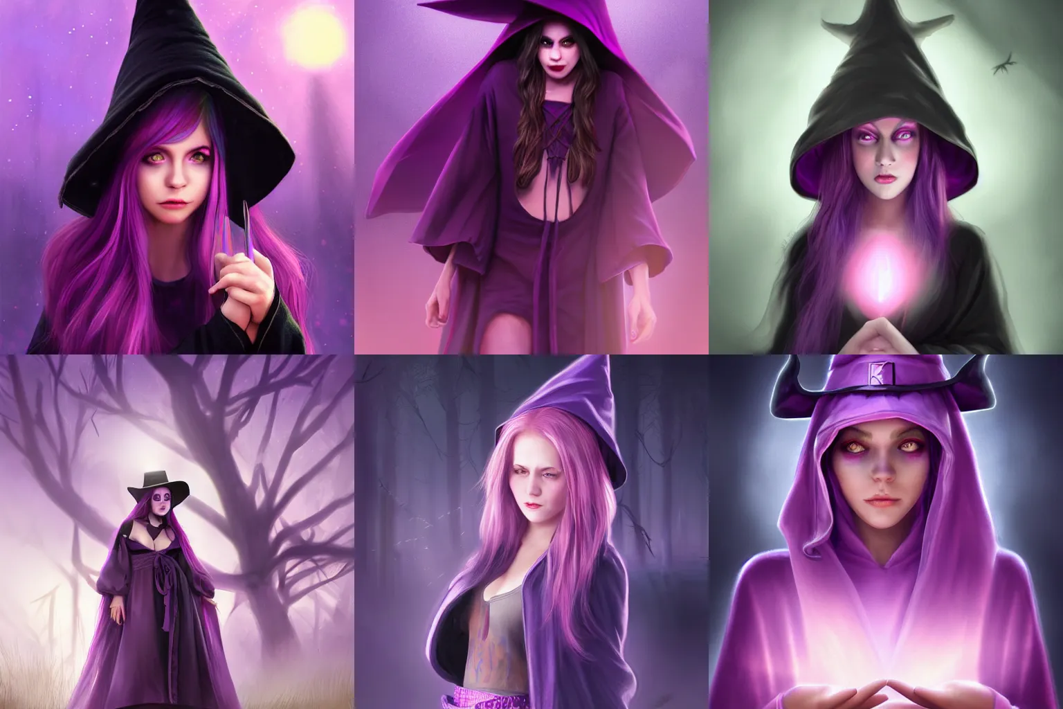 Prompt: realistic young purple haired witch dressed in a dark robe, wearing large dark witch hat, night pink underlit, game cover art digital matte painting, highly detailed, featured trending on artstation