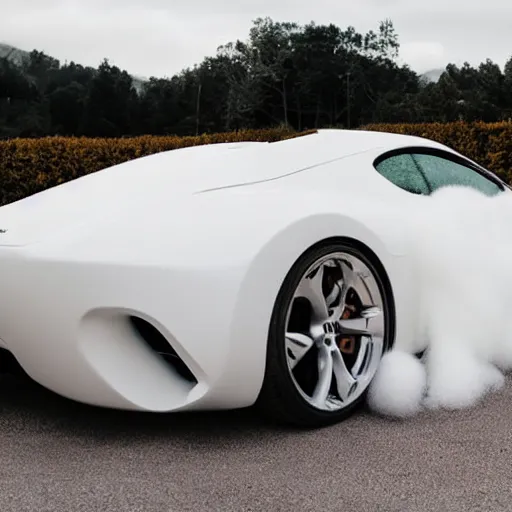 Image similar to a sports car covered entirely in long white fur from front to back