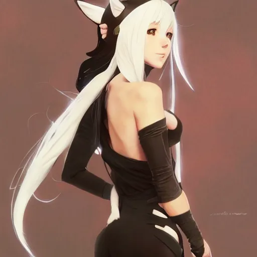 Image similar to a beautiful anime girl ( kate beckinsale ) with cat ears and tail, white hair, full body, matte painting, by greg rutkowski and ilya kuvshinov and alphonse maria mucha and matsumoto taiyou, super clear details, hyper realistic, trending on artstation, 8 k