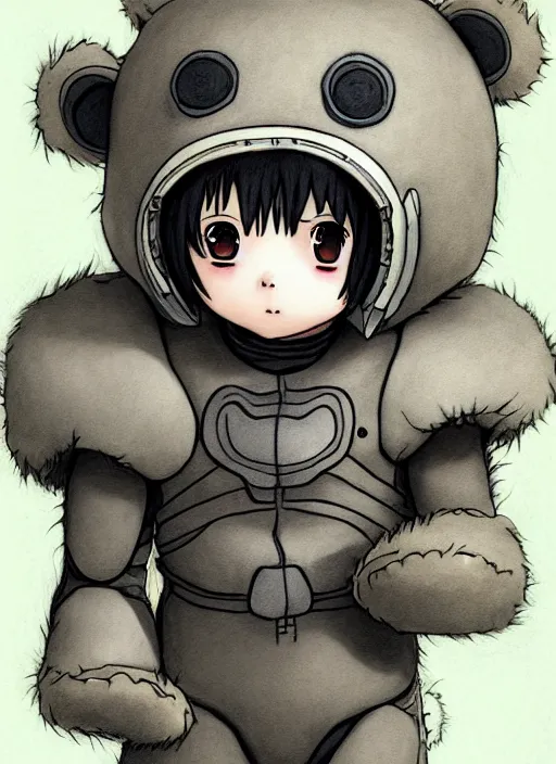 Image similar to beautiful little boy wearing an cyborg bear suit, artwork in kentaro miura and made in abyss and rosdraws, smooth, beautiful lightness, anatomically correct, trending on pixiv, forest